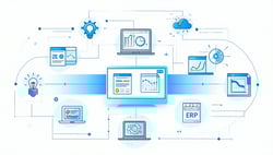 An illustration showing different business software tools seamlessly working together symbolizing ERP integration