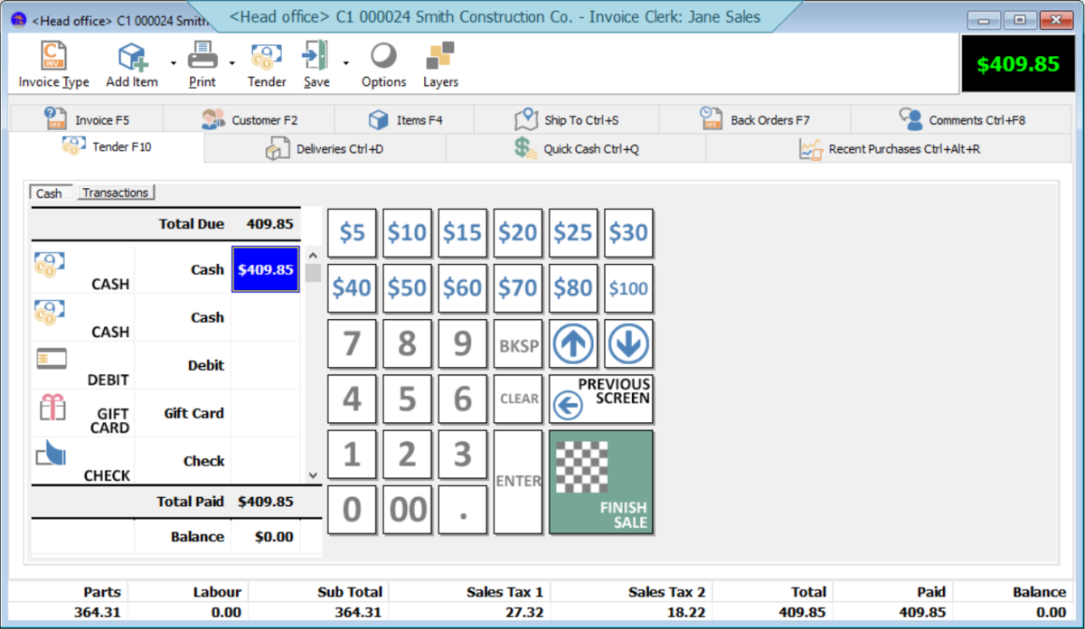 POS New Sale Tender Screen in System Five