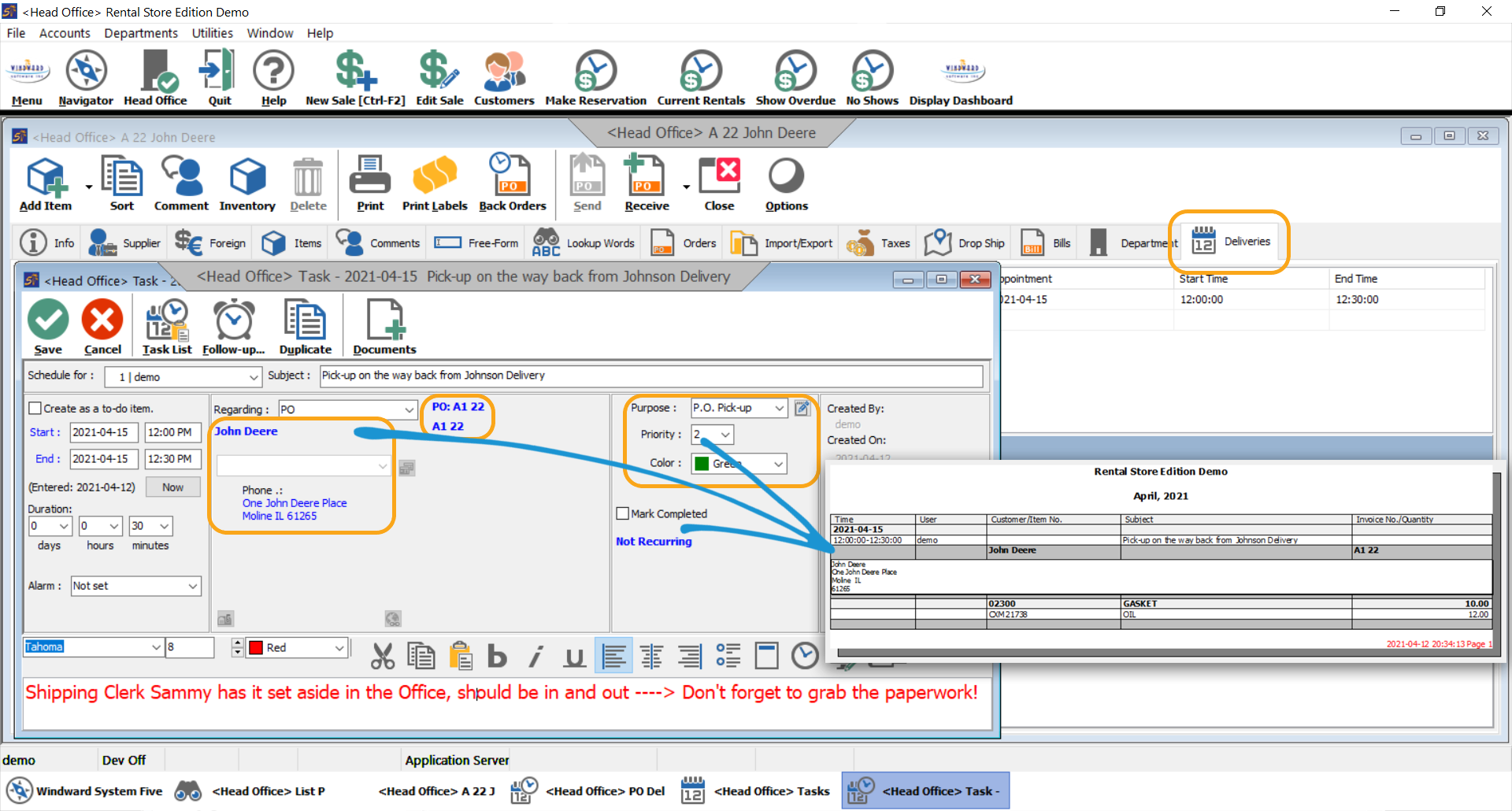Purchase Order Delivery Tab, Pickup Task Example with Printed Delivery Driver Paperwork