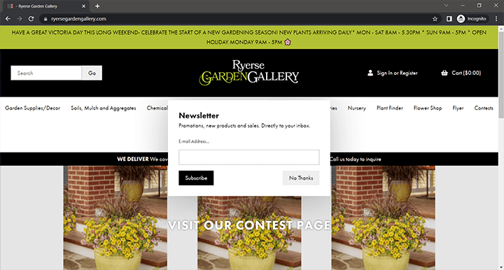 screenshot of ryerse garden gallery.com website