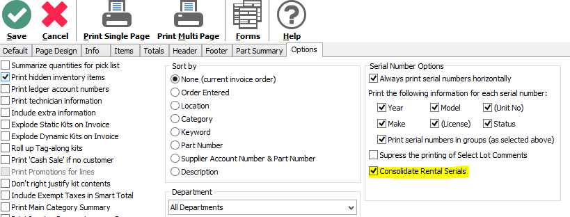Serial number options for rental input selections